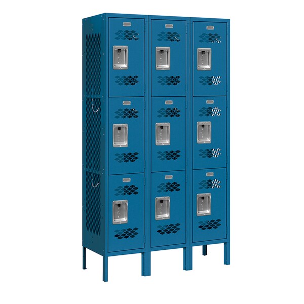 3 Tier Vented Locker, 36"Wx66"Hx12"D, 9 Door, Blue, Unassembled